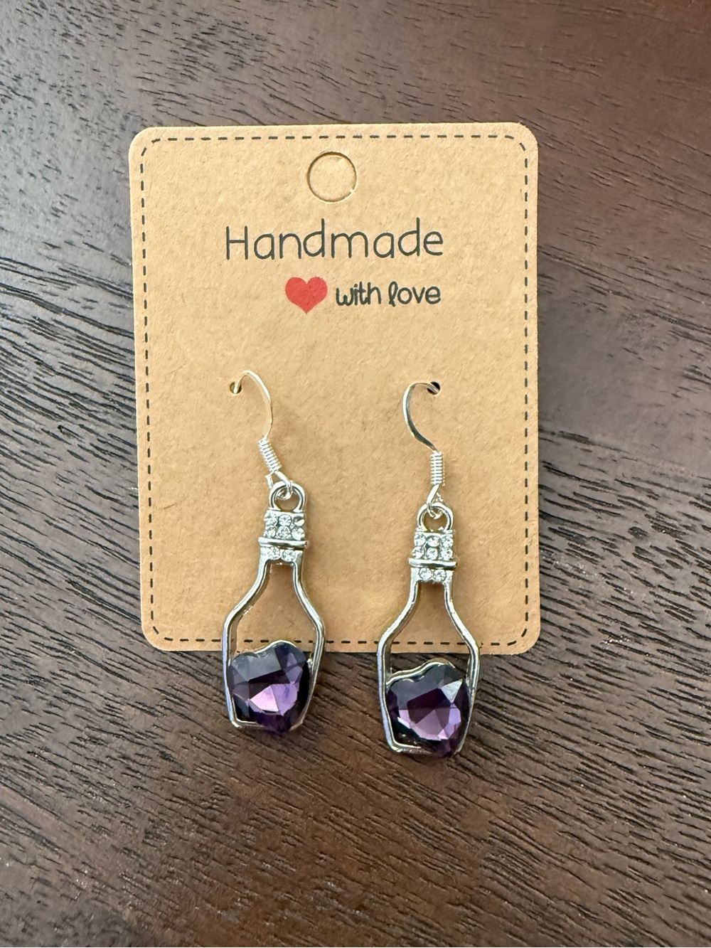 Silver tone purple crystal heart potion bottle drop earrings